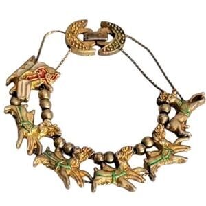 VTG Medici Two Sisters Slide Charm Bracelet Christmas Santa Reindeer Gold Tone